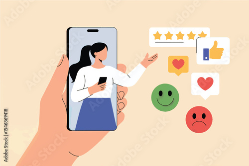 Flat vector illustration of customer feedback on smartphone isolated on transparent background