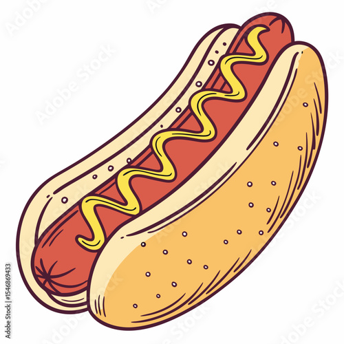 Hot dog vector illustration: a cartoon hotdog with mustard on a bun, isolated for a fast food snack icon