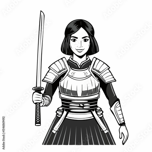 Female samurai warrior katana and armor Image vector isolated on white background.