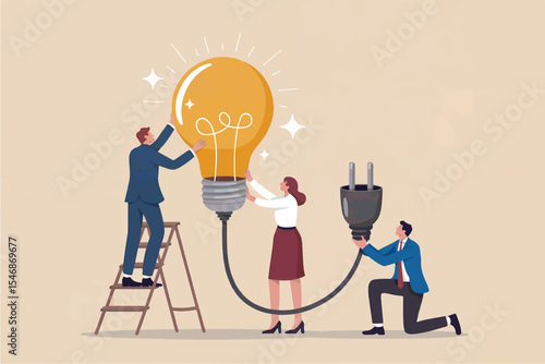 Business people installing a giant light bulb teamwork and innovation concept isolated on transparent background
