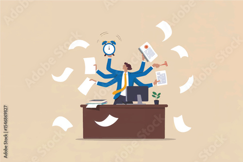 Busy businessman juggling tasks flat vector illustration isolated on transparent background