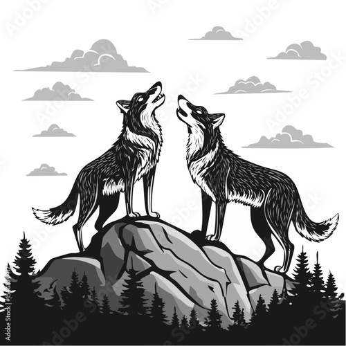 Two Wolves Standing Proudly on a Rocky Hilltop in a Majestic Wilderness Landscape