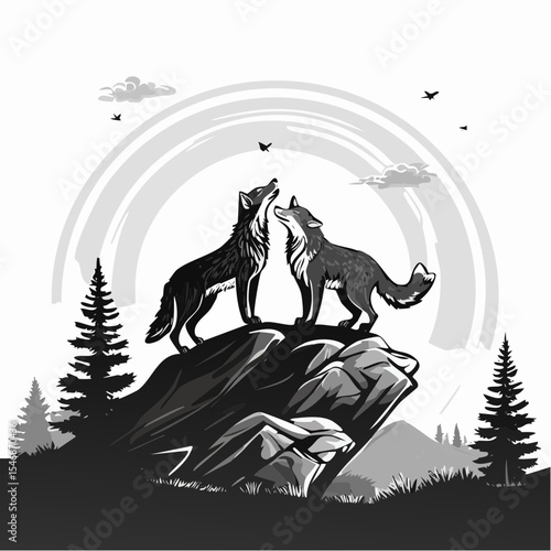 Two Wolves Standing Proudly on a Rocky Hilltop in a Majestic Wilderness Landscape