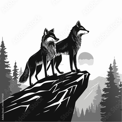 Two Wolves Standing Proudly on a Rocky Hilltop in a Majestic Wilderness Landscape