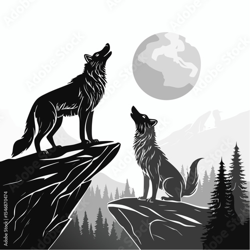 Two Wolves Standing Proudly on a Rocky Hilltop in a Majestic Wilderness Landscape