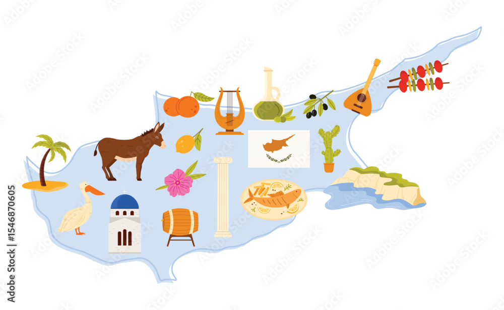 Fototapeta premium Travel to Cyprus set, culture and landmark, food stickers on infographic map. Cape Greco, column and old monastery building, guitar and lute, orange and lemon harvest cartoon vector illustration