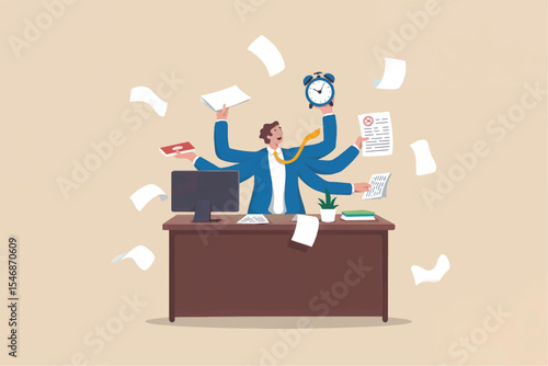 Multitasking businessman at desk flat vector illustration isolated on transparent background
