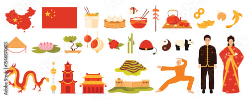 Travel to China set, country symbols and decorative emblems, famous landmarks for tourists. Chinese people in traditional dress, ancient temple and food, map and flag cartoon vector illustration