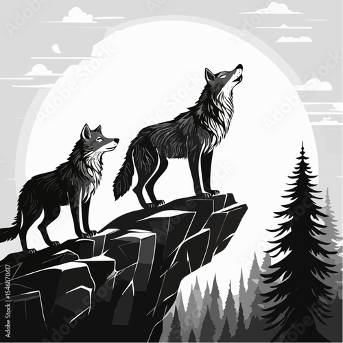 Two Wolves Standing Proudly on a Rocky Hilltop in a Majestic Wilderness Landscape