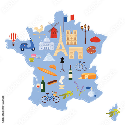 Travel to France set, stickers of historic architecture monuments and culture landmarks, food on infographic map. Louvre, branch of olives and lavender, coffee and wine cartoon vector illustration
