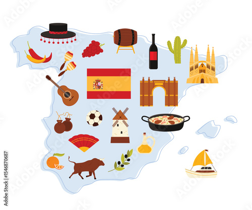 Spanish culture elements and flag of country, famous landmarks and food on Spain infographic map. Corrida and flamenco dance symbols, paella and olive oil, vacation boat cartoon vector illustration