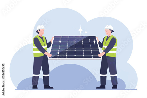 Two workers carrying a solar panel flat vector illustration isolated on transparent background