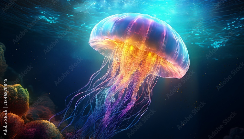 Naklejka premium scientific surrealism dream visuals an ethereal jellyfish illuminated in a mesmerizing underwater glow scientific surrealism blending biology and cosmos neuroscience surreal visuals