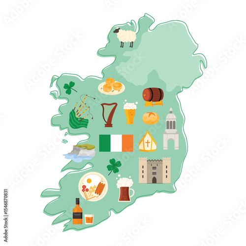 Travel to Ireland set, Irish culture and landmark, food and symbols of good luck on infographic country map. Hat of saint Patrick, clover and barmbrack, Cliffs of Moher cartoon vector illustration