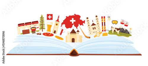 Travel to Switzerland, travel guide attractions on open book pages in infographic collage. Swiss flag and map, penknife and red train on bridge, Church and Clock Tower cartoon vector illustration