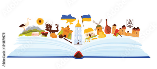 Travel to Ukraine, infographic sightseeing landmarks and tourist attractions in open book. Ukrainian vacation collage with ancient fortress and windmill, borsch and bandura cartoon vector illustration
