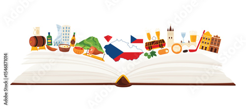 Czech Republic culture elements and landmarks, Czech language study in infographic collage with open guide book and food, historic city buildings and heritage, beer cartoon vector illustration