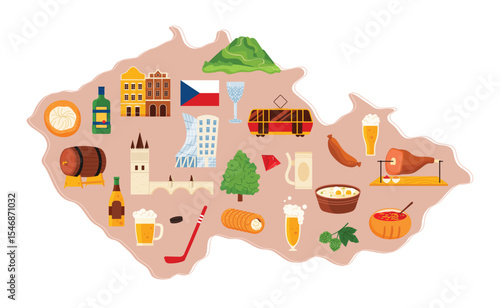 Travel to Czech Republic set, culture elements and landmarks, food in infographic map poster. Croatian flag and sightseeing of Prague, cute atlas with beer and pork knuckle cartoon vector illustration