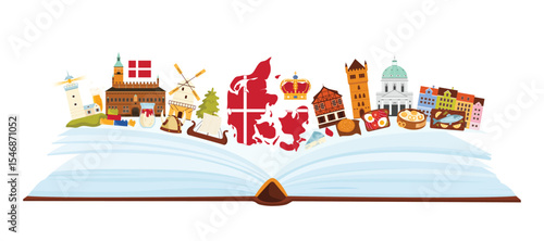 Culture elements and landmarks emblem of Denmark, language study in infographic collage with open paper book and kings crown, Danish map and flag, windmill and viking ship cartoon vector illustration