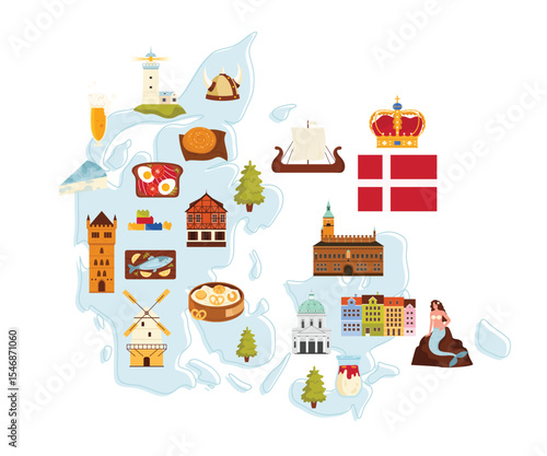 Travel to Denmark, famous culture symbols, country landmarks and Viking heritage, food on infographic map. Rosenborg Castle and Frederiks Church, mermaid and drakkar boat cartoon vector illustration