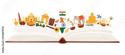Indian culture elements, food and famous architecture landmarks of India in infographic collage with open giant paper book, monuments and temples for tourists tour cartoon vector illustration