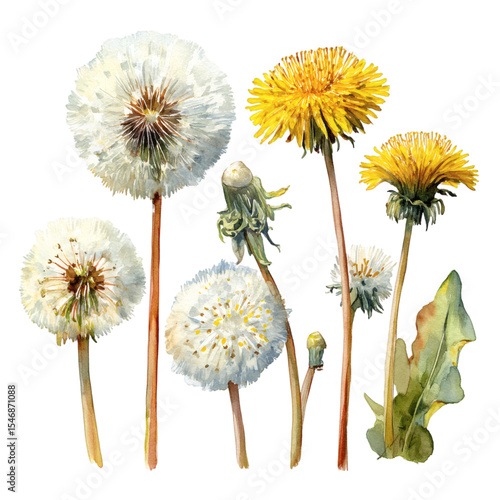 Dandelions in various stages, from bud to seed, watercolor botanical study, isolated on transparent background