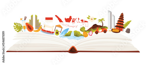 Indonesia culture elements and heritage temple, language study in in infographic collage. Indonesian map of islands with flag, monument landmarks and food on paper book cartoon vector illustration
