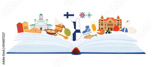 Finnish culture elements and famous architecture of Helsinki, language for Finland study. Open paper guide book and collage of monuments and landmarks, food for tourists cartoon vector illustration