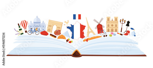 France culture elements and landmarks of Paris, French language study in infographic collage. Open big book and baguette, macaron, flag and map, bicycle of Frenchman cartoon vector illustration