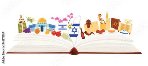 Israel culture elements and Judaism symbols, landmarks and food of Jewish holidays, language study in infographic collage with open guide book and map with flag, Torah cartoon vector illustration