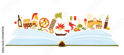 Culture elements of Italy, famous Italian chefs food and wine, landmarks, language study in infographic collage. Open paper guide book with Venice carnival mask, pizza cartoon vector illustration