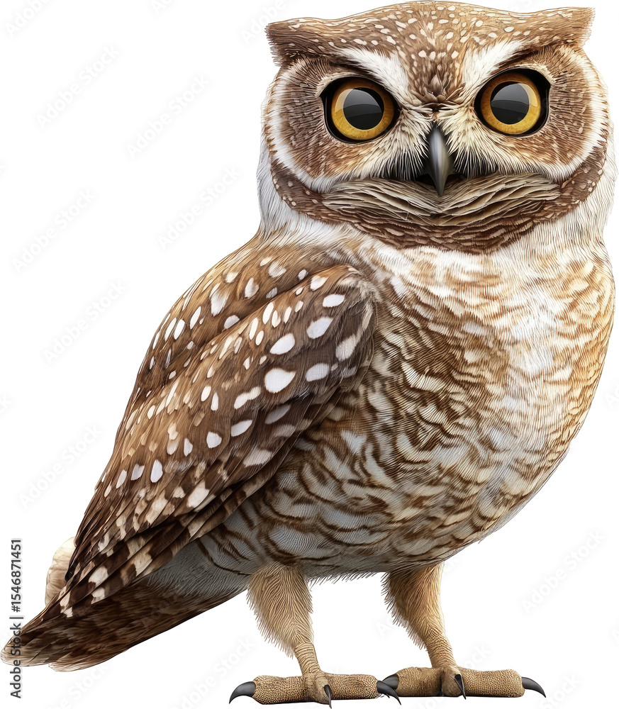 Naklejka premium Detailed Portrait of a Burrowing Owl with Intense Gaze on White Background