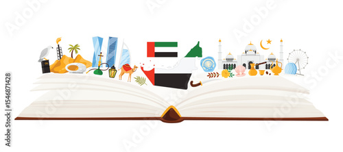 UAE culture elements and landmarks, Arabic language study in infographic collage with open guide book and modern city buildings and heritage mosque, camel and hookah cartoon vector illustration