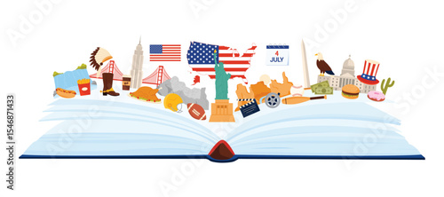 United States of America culture and landmarks, language study in infographic collage. Open paper guide book with famous building and burger, USA flag and map, Grand Canyon cartoon vector illustration