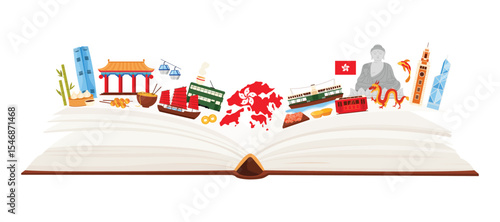 Hong Kong culture elements, food and famous architecture landmarks in infographic collage with open giant paper book, monuments and temples, tram and ship for tourists tour cartoon vector illustration