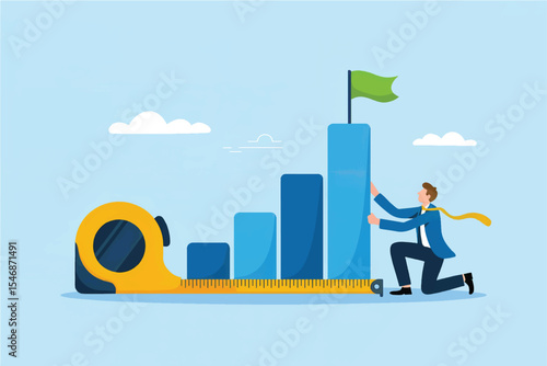 Businessman measuring growth with tape measure flat vector illustration isolated on transparent background