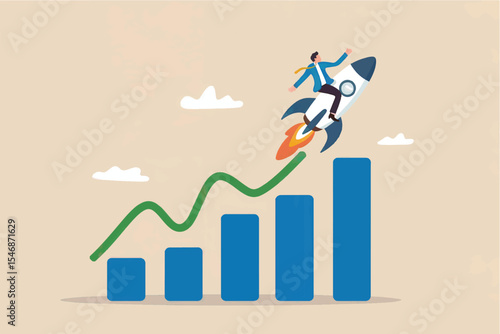Businessman riding rocket on growth chart flat vector illustration isolated on transparent background