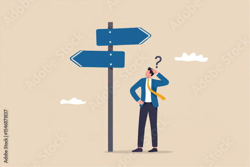 Confused businessman at crossroads signpost flat vector illustration isolated on transparent background