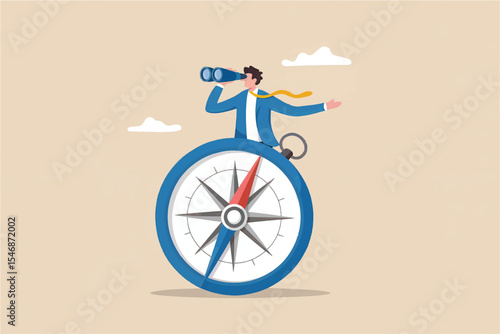 Businessman on compass with binoculars isolated on transparent background