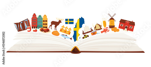 The image depicts an open book showcasing iconic Swedish elements like beautiful buildings, nature scenes, and cultural symbols in a colorful vector illustration reflecting Swedens essence