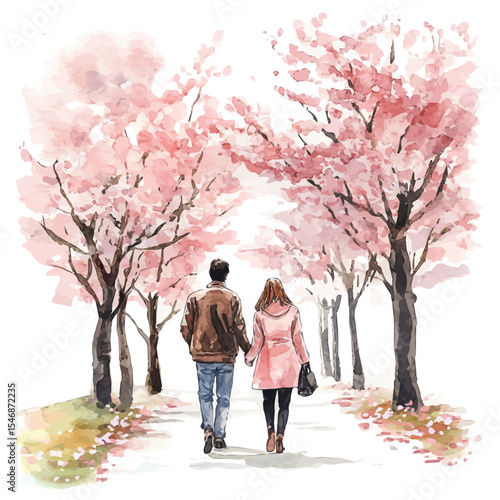 Couple Walking Cherry Blossoms, watercolor vector, isolated on a white background.