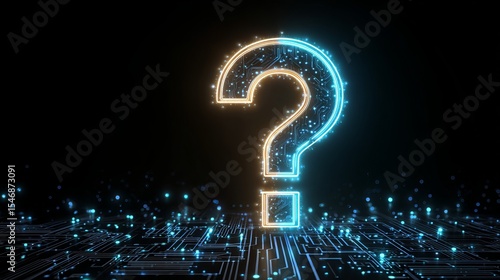 Glowing question mark over a circuit board with blue and orange lights on a black background