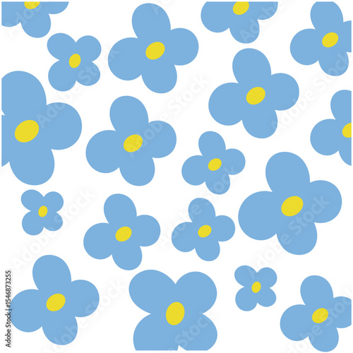 Charming blue floral pattern featuring repeating stylized flowers on a clean white background