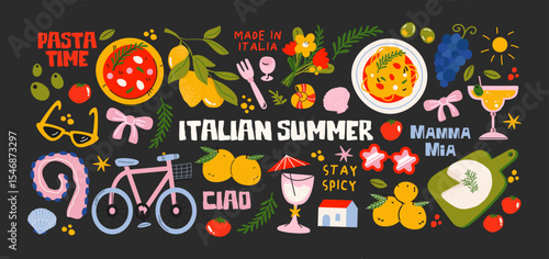 Italian food and culture stickers set in retro cartoon style. Food and drink: pizza, pasta, wine, tomato. Illustration in funky, doodle style, trendy labels set.