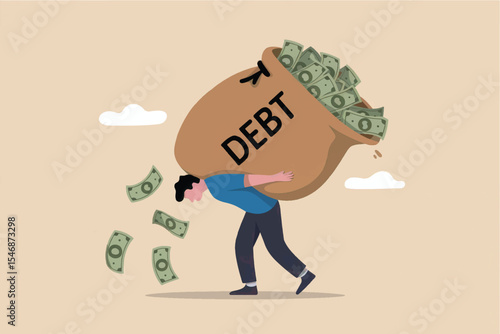 Man carrying heavy debt bag isolated on transparent background