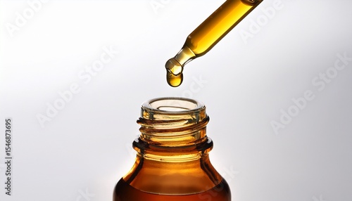 amber liquid dripping from pipette into a small bottle close up view on white background