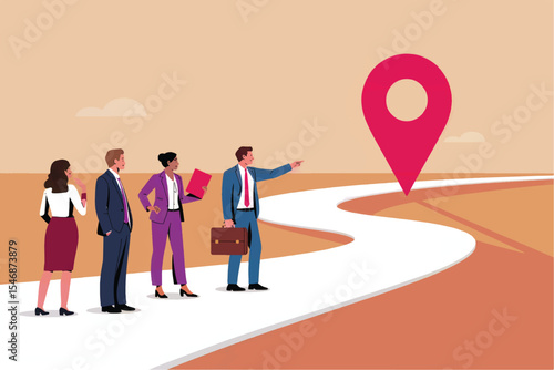 Business team following a winding path to a destination flat vector illustration isolated on transparent background