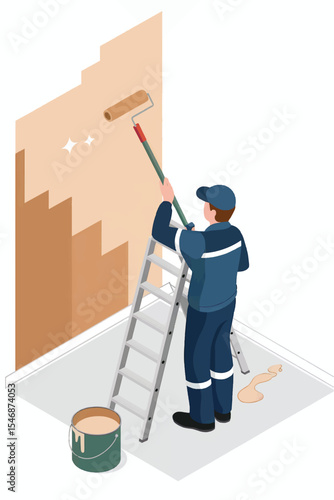 Painter on ladder using paint roller isometric view isolated on transparent background