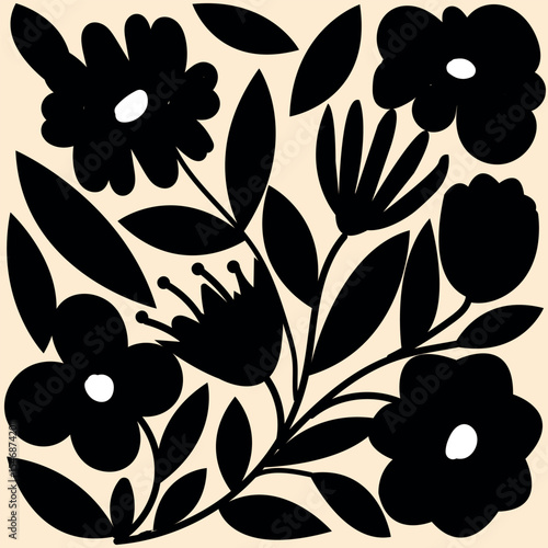 Elegant black and white floral arrangement design on a soft beige background for modern aesthetics