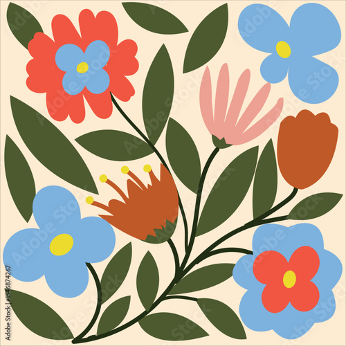 Wallpaper Mural Colorful abstract floral pattern with stylized flowers and green leaves design Torontodigital.ca